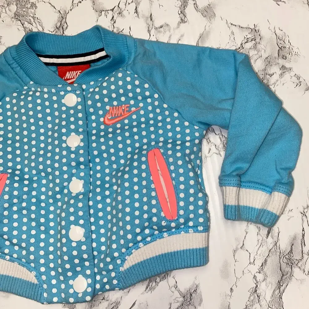 Nike Girls Blue Pink Polka Dot Snap Button Bomber Jacket Lightweight 6-9 Months